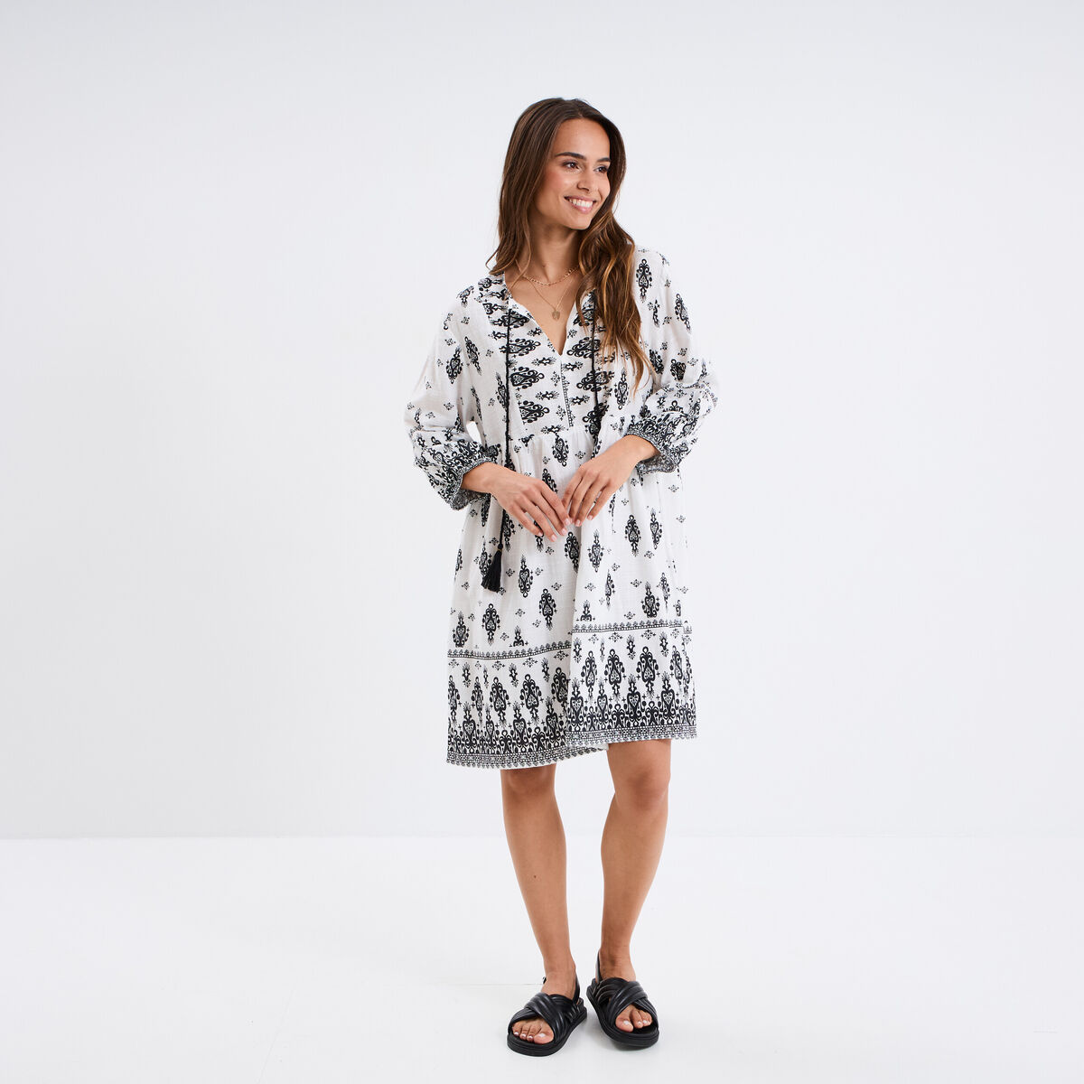 Robe trapèze col tunisien avec noeud ecru femme