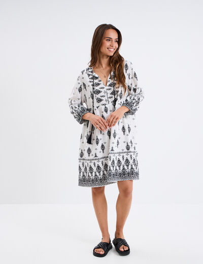Robe trapèze col tunisien avec noeud ecru femme