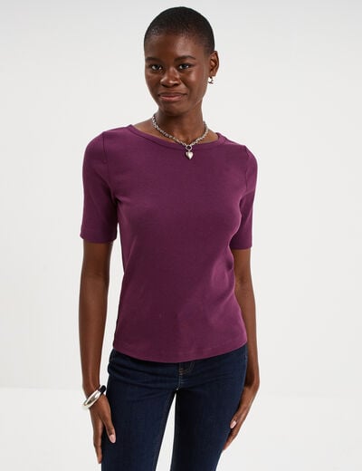 T-shirt col rond manches courtes coton prune femme