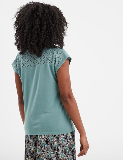 T-shirt col en V ajour&eacute; &eacute;paules et dos bleu gris femme