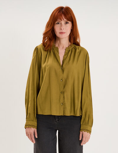 Blouse col montant dentelle vert olive femme