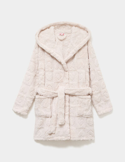 Peignoir court fausse fourrure &agrave; capuche blanc femme