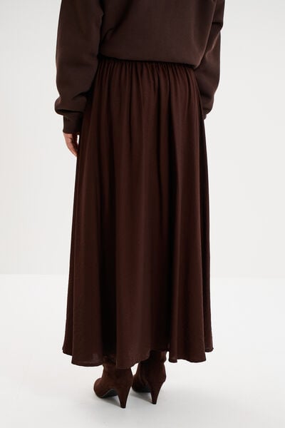 Jupe longue &eacute;vas&eacute;e taille &eacute;lastiqu&eacute;e marron fonc&eacute; femme