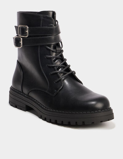 Boots crant&eacute;es &agrave; lacets et boucles noir femme