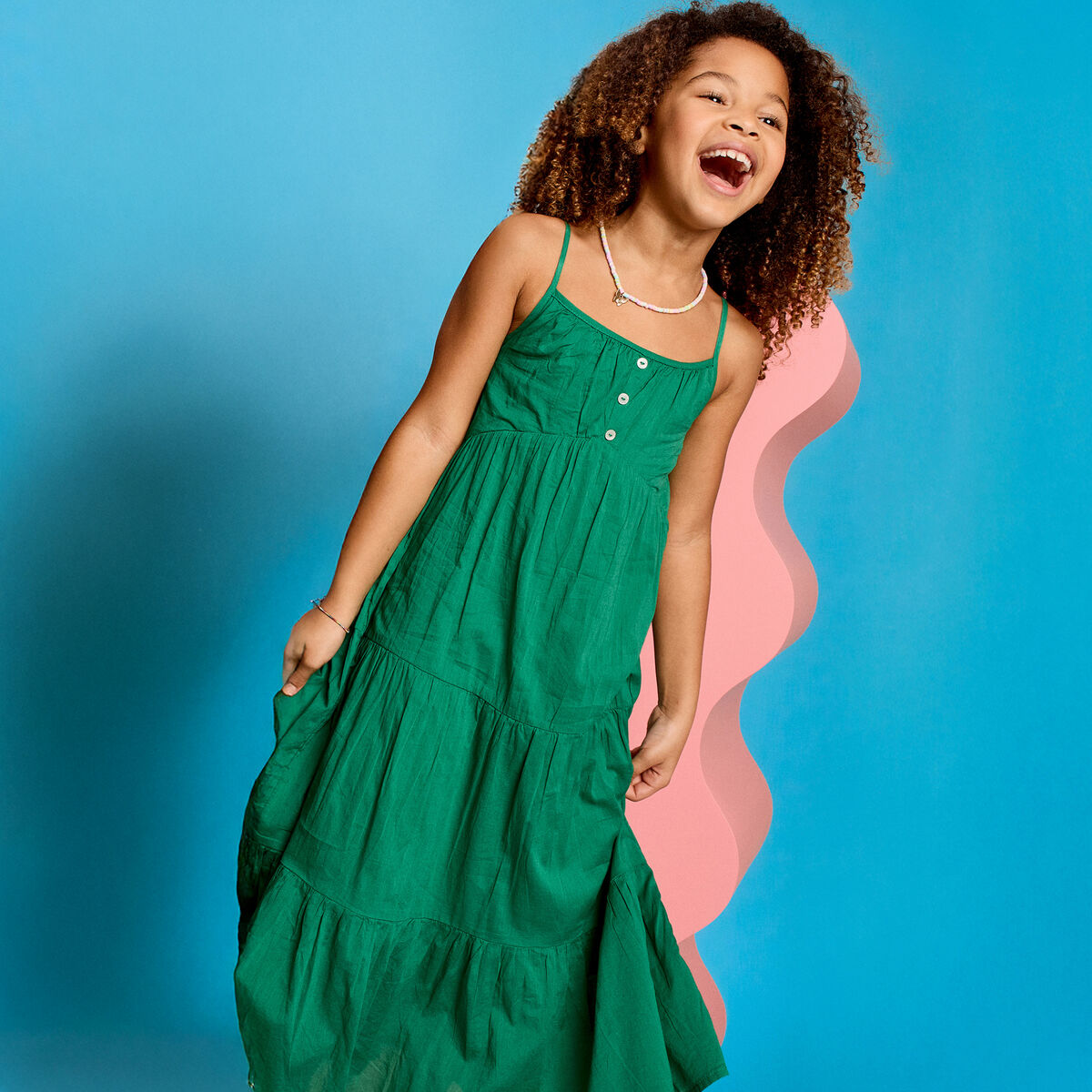 Robe longue &agrave; volants et bretelles coton vert canard fille