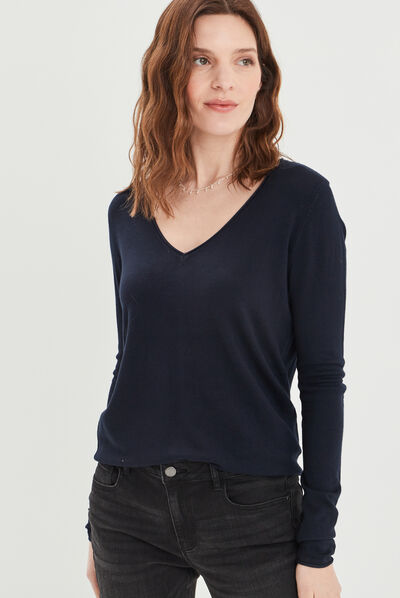 Pull avec col en V bleu marine femme