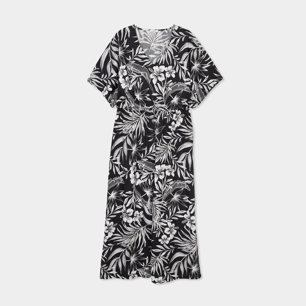Robe midi col en V manches courtes noir femme