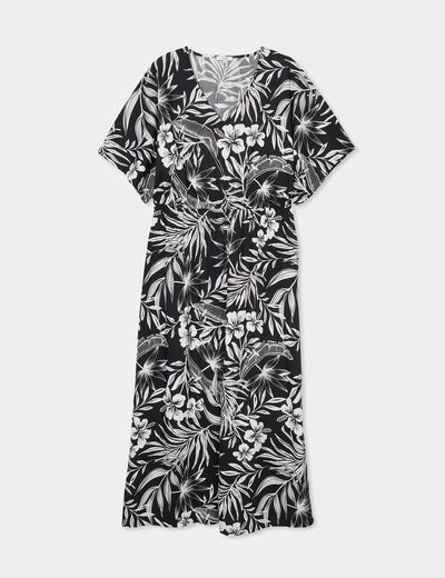 Robe midi col en V manches courtes noir femme