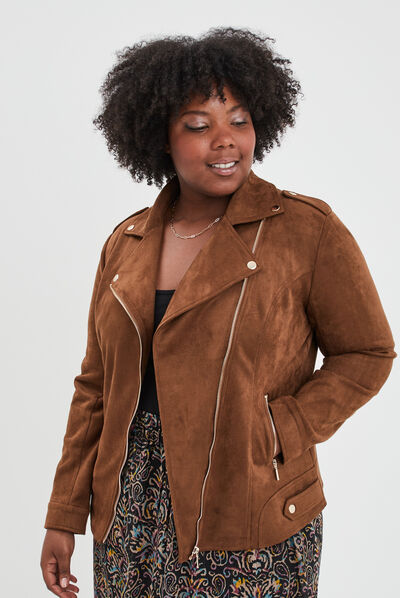 Blouson zippé effet suédine style biker marron femme grande taille