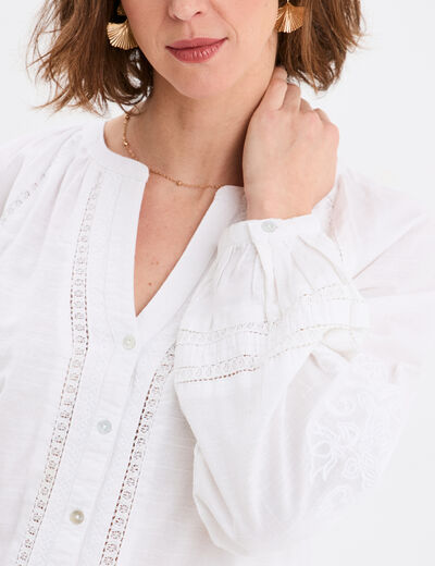 Blouse manches ballons brodées blanc femme