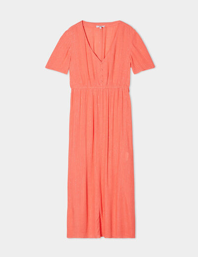 Robe longue empire fils métallisés coton rose corail femme