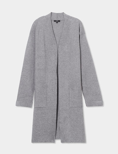Gilet long manches longues 2 poches gris femme