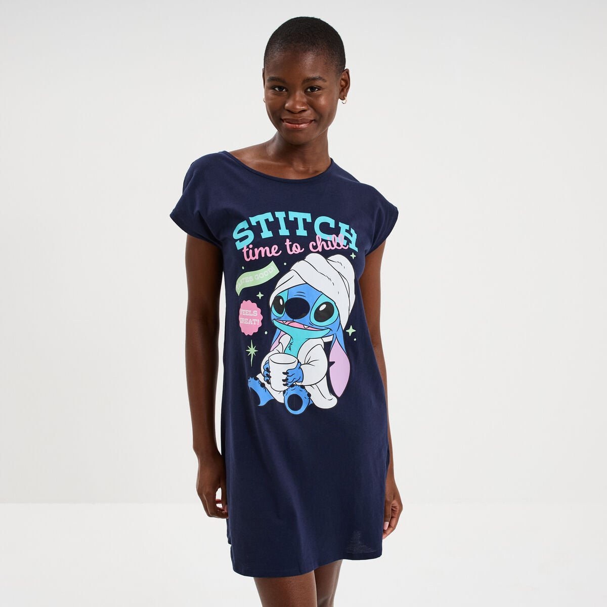 Chemise de nuit manches courtes Stitch bleu marine femme