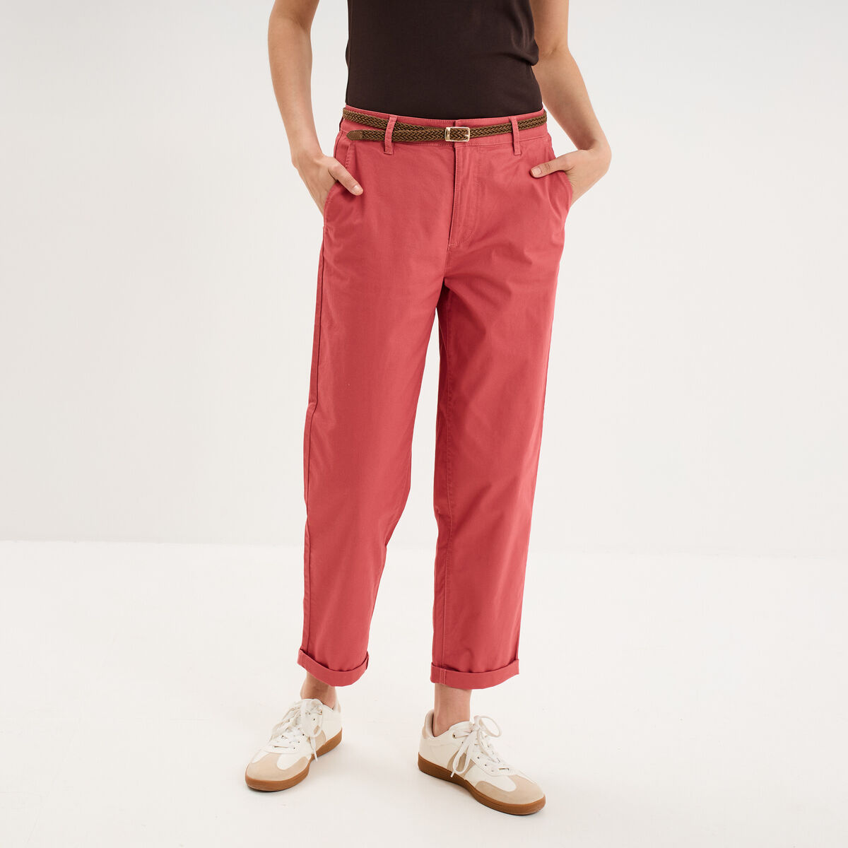 Pantalon chino regular ceinture tress&eacute;e vieux rose femme
