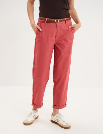 Pantalon chino regular ceinture tress&eacute;e vieux rose femme