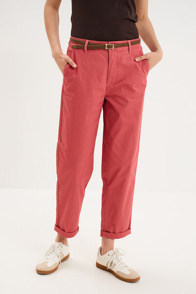 Pantalon chino regular ceinture tress&eacute;e vieux rose femme
