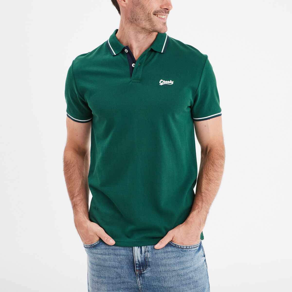 Polo avec broderie poitrine coton Creeks vert foncé homme