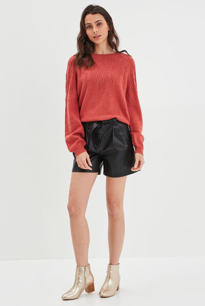 Pull manches ballons détails ajourés rose framboise femme
