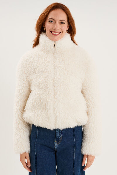 Veste courte fausse fourrure col montant ivoire femme