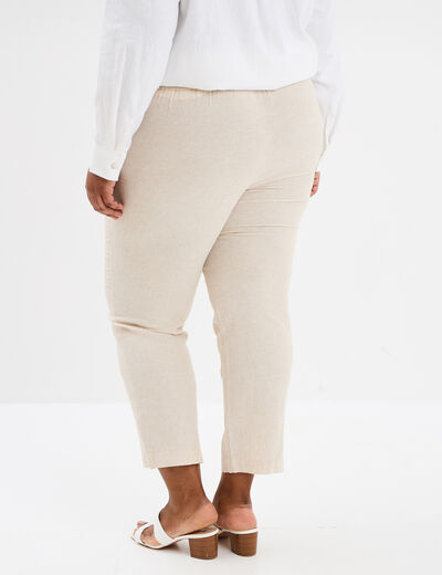 Pantalon chino droit en lin m&eacute;lang&eacute; beige femme grande taille