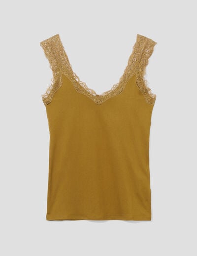Débardeur ajusté détail dentelle vert olive femme