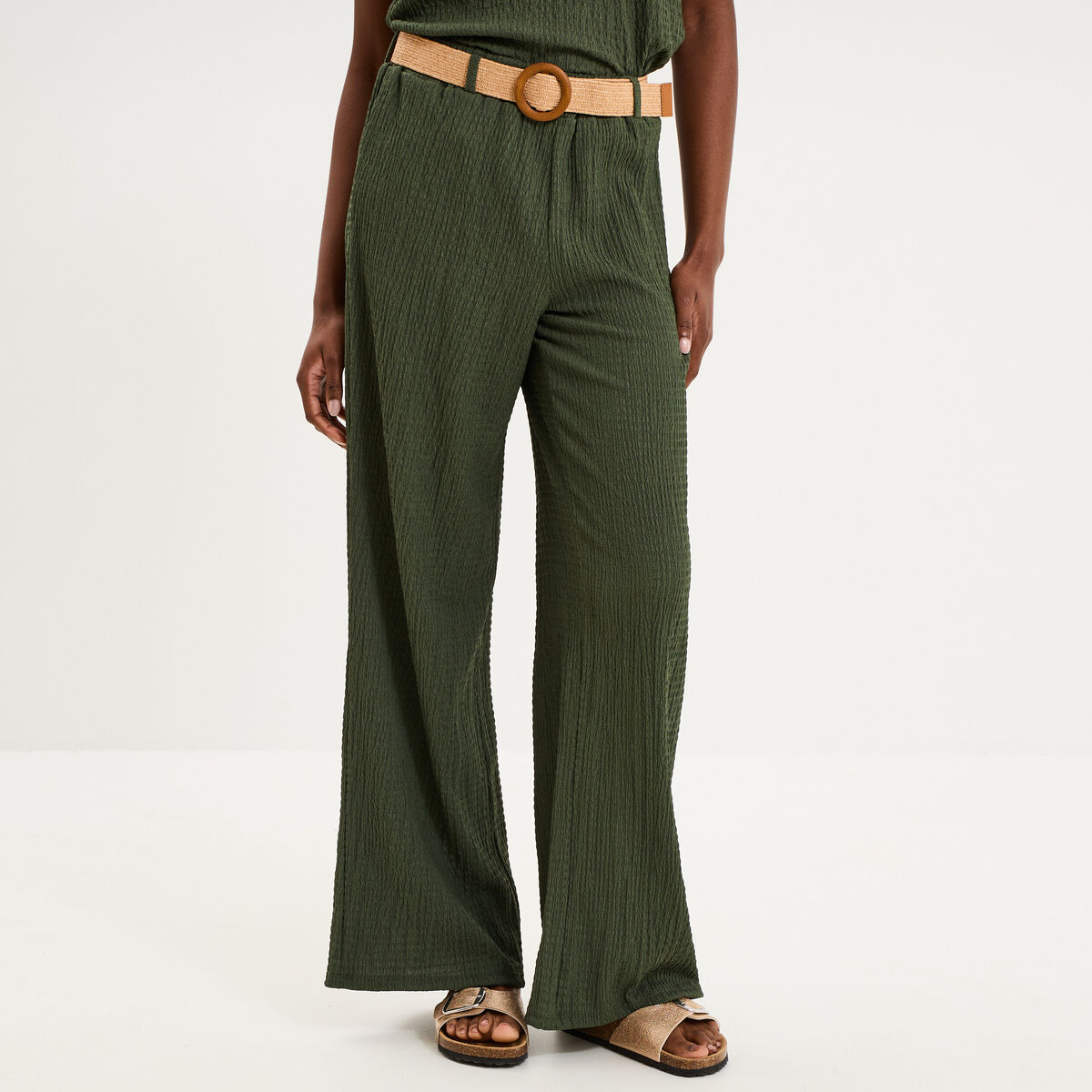 Pantalon fluide large avec ceinture vert kaki femme