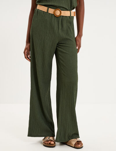 Pantalon fluide large avec ceinture vert kaki femme