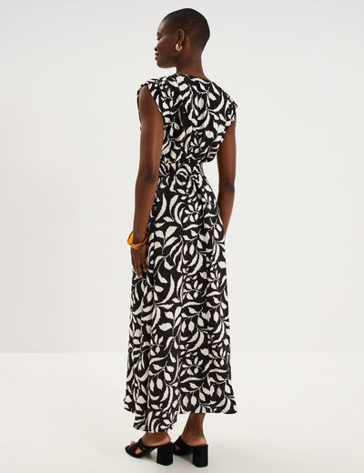 Robe longue cintr&eacute;e ceinture smock&eacute;e noir femme