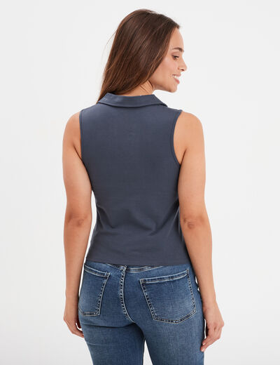 T-shirt coton sans manches col polo bleu gris femme
