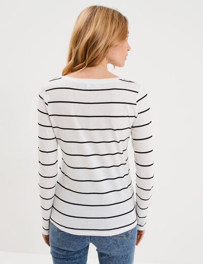 T-shirt col en V manches longues ecru femme