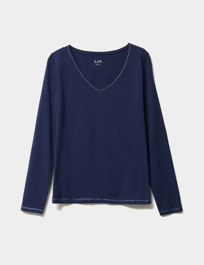 T-shirt manches longues col en V coton bleu marine femme
