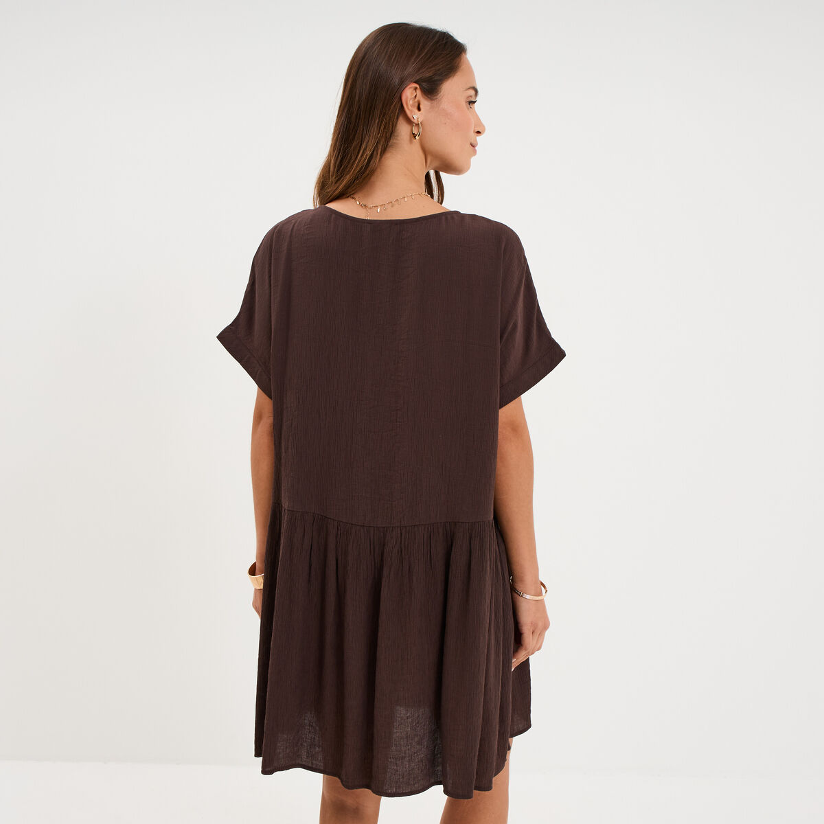 Robe courte fluide manches courtes marron fonc&eacute; femme