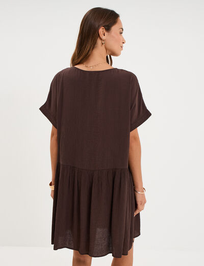 Robe courte fluide manches courtes marron fonc&eacute; femme