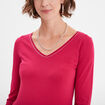 T-shirt manches longues col en V coton rose framboise femme