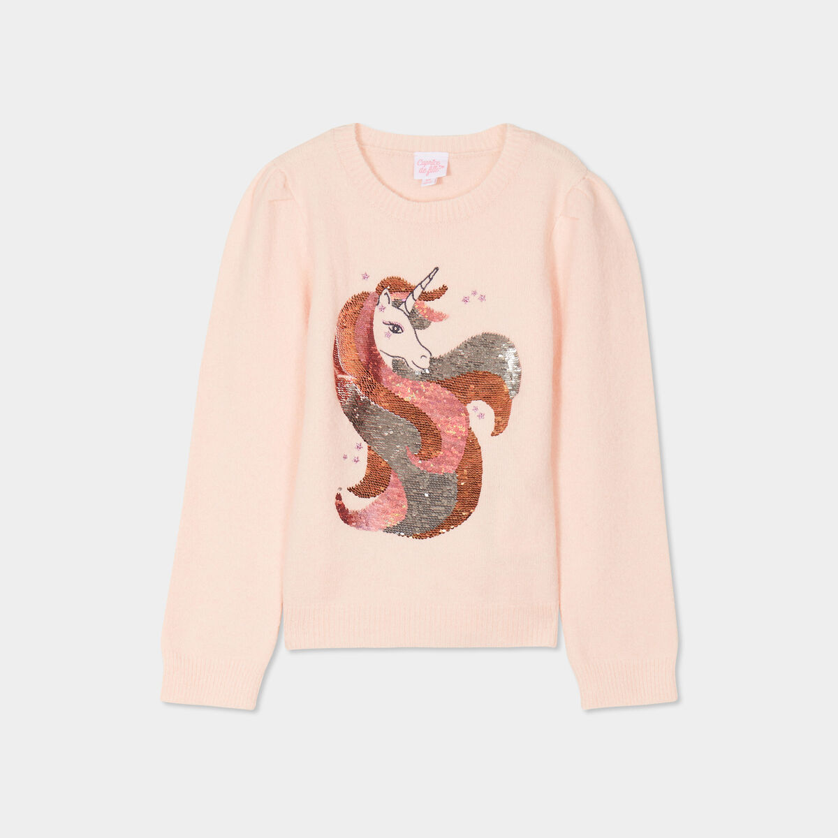 Pull col rond à sequins rose clair fille La Halle