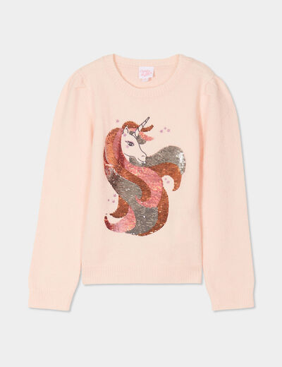 Pull col rond à sequins rose clair fille