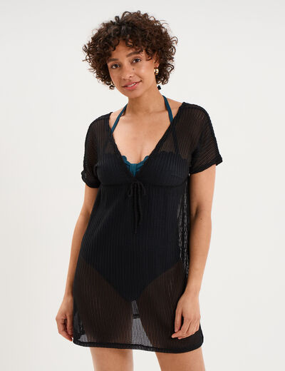 Robe de plage ajour&eacute;e col V noir femme