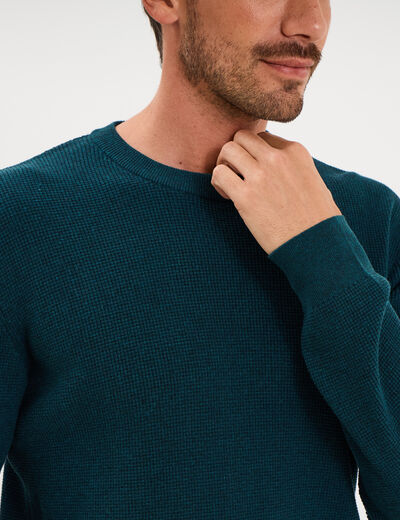 Pull en maille textur&eacute;e col rond bleu canard homme
