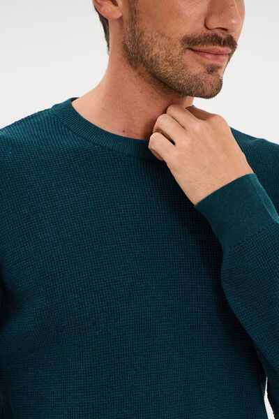 Pull en maille textur&eacute;e col rond bleu canard homme
