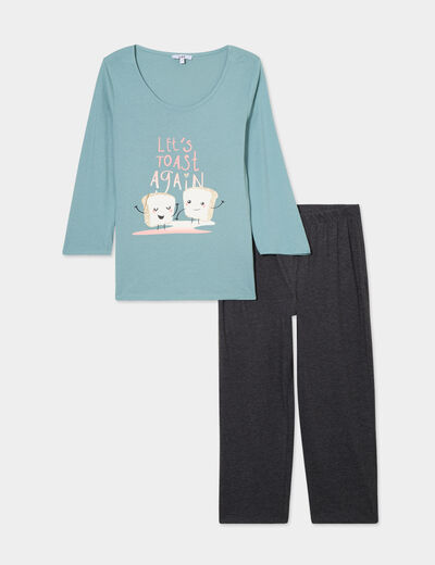 Ensemble pyjama corsaire 2 pièces coton bleu gris femme