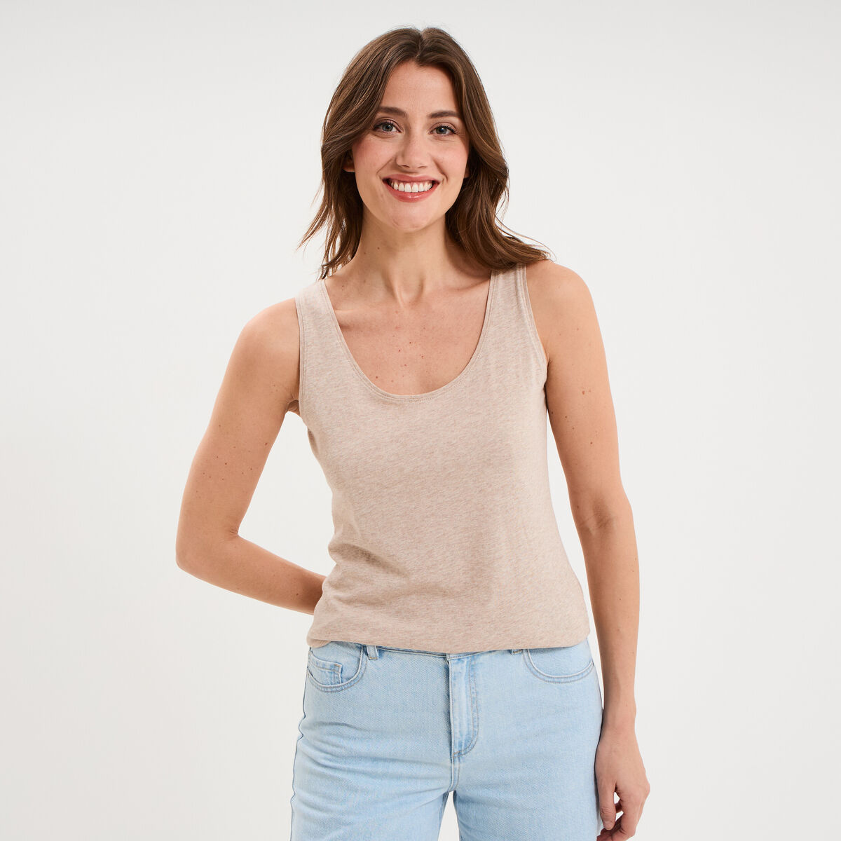 D&eacute;bardeur bretelles larges coton beige femme
