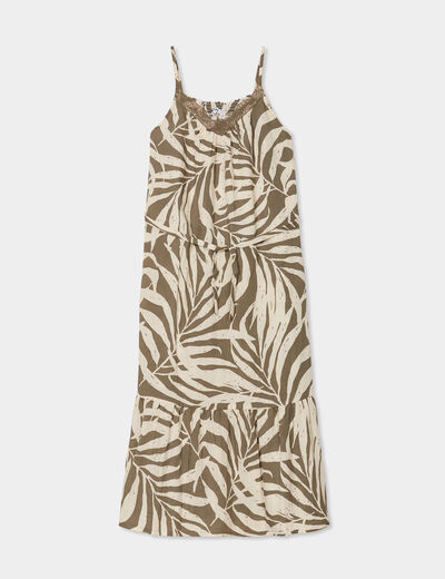Robe évasée col avec dentelle vert kaki femme