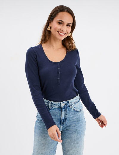 T-shirt ajusté col tunisien coton bleu marine femme