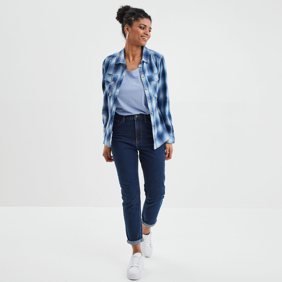 Jeans mom taille haute 7/8ème coton denim brut femme