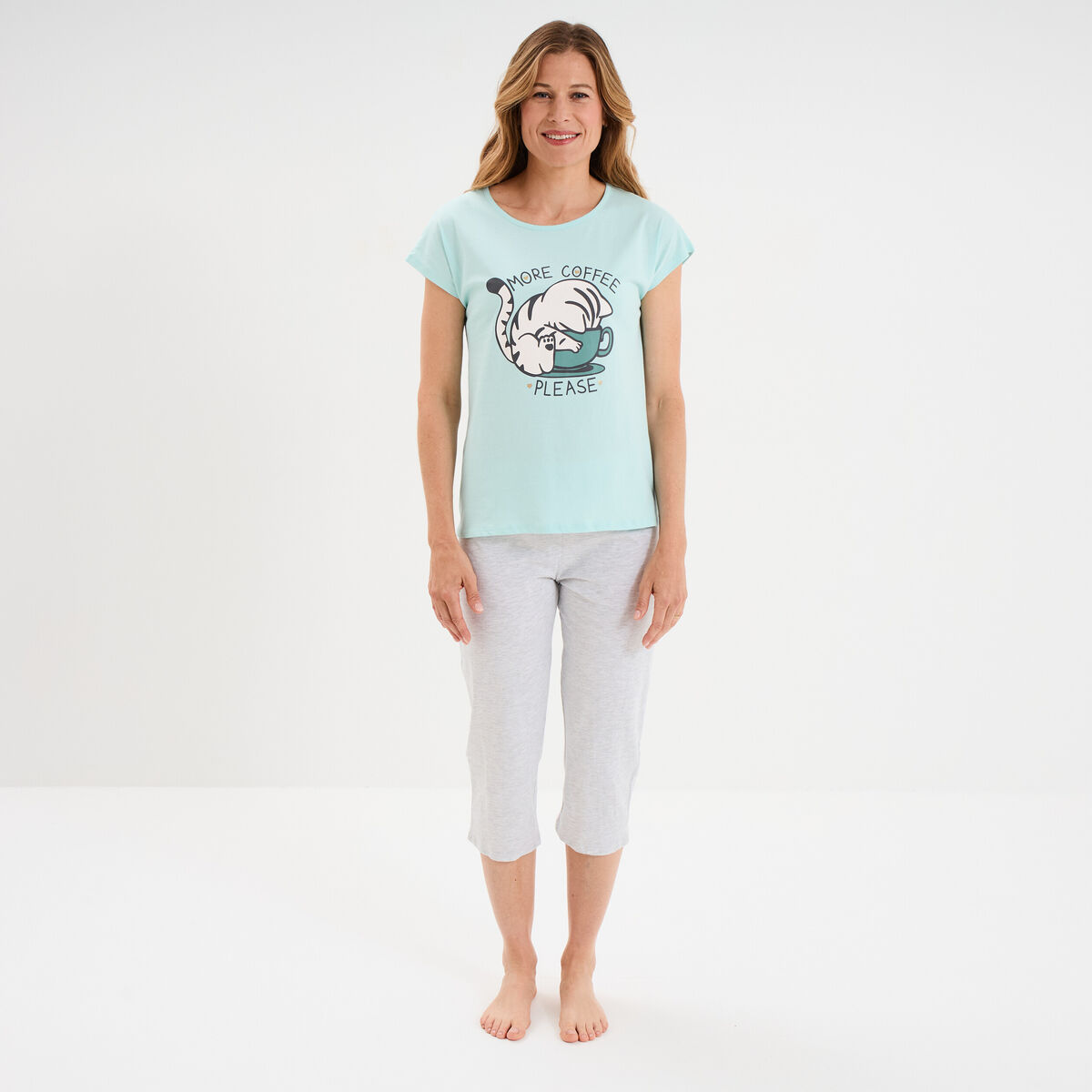 Ensemble pyjama corsaire t-shirt coton bleu turquoise femme