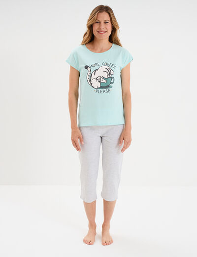 Ensemble pyjama corsaire t-shirt coton bleu turquoise femme
