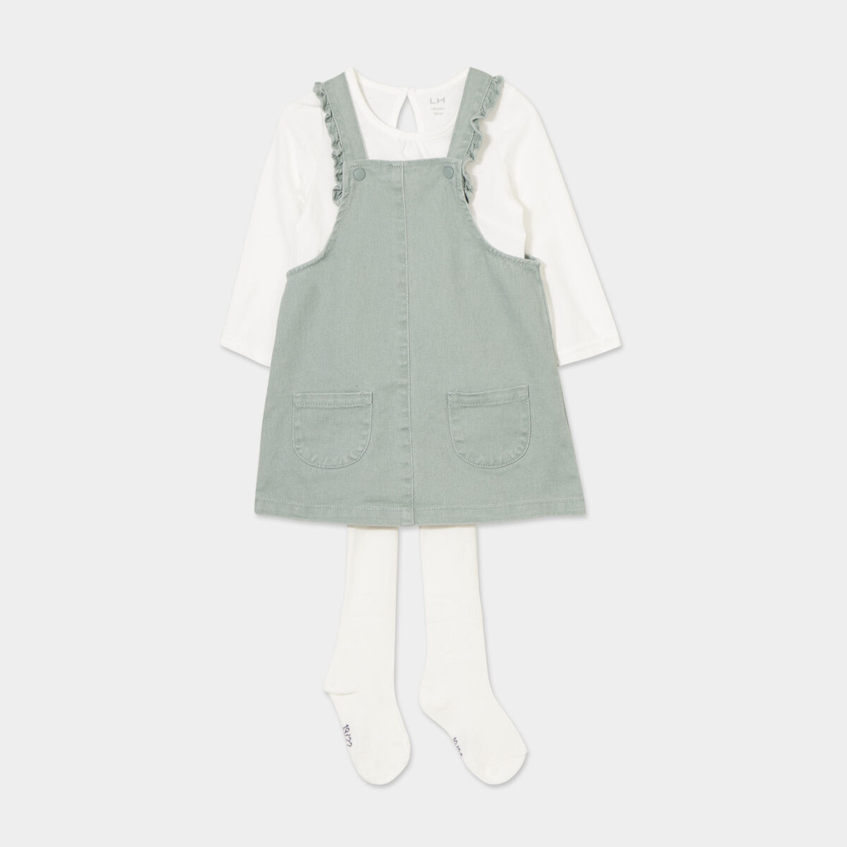 Ensemble 3 pi&egrave;ces avec robe salopette vert kaki b&eacute;b&eacute; fille