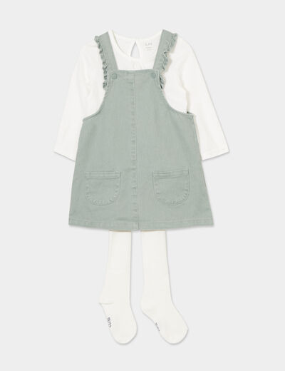 Ensemble 3 pièces avec robe salopette vert kaki bébé fille