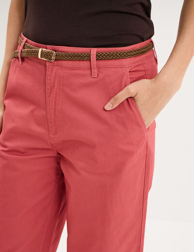 Pantalon chino regular ceinture tress&eacute;e vieux rose femme