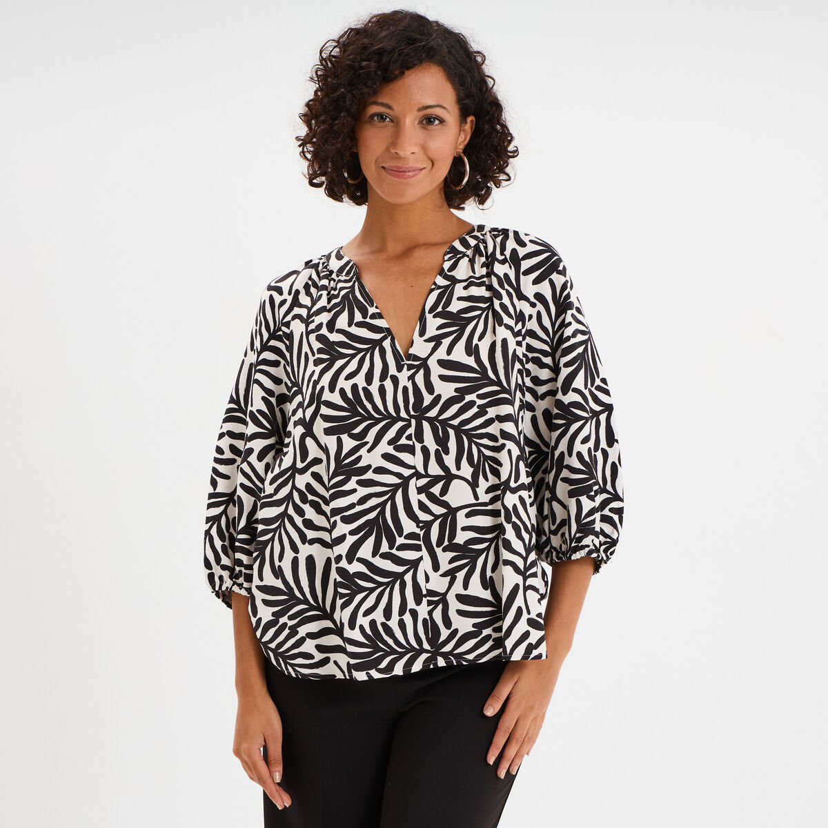Blouse manches 3/4 ballons col tunisien blanc femme